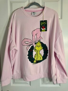 NWT Primark x The Grinch Pink Fleece Sweatshirt Wreath Bow Oversized 2XL